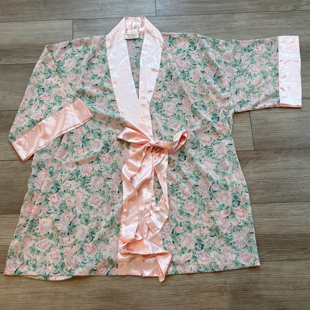 Vintage Victoria Secret Gold Label Pink Floral Paisley Satin Trim Kimono Robe OS
